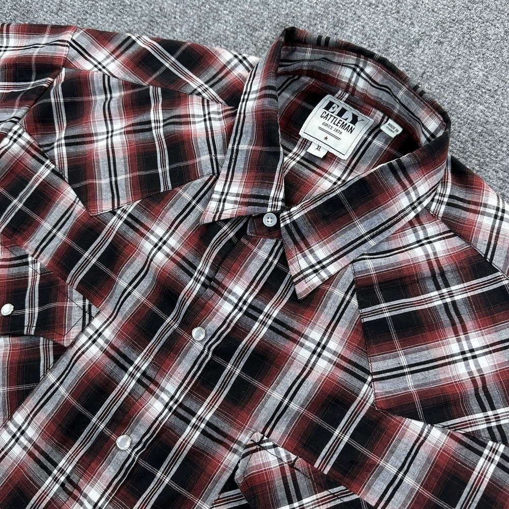 Ely Cattleman Mens XL Red Black Plaid Pearl Snap Western Shirt Cowboy Rodeo Read